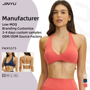 Custom Women Deep V Halter Sports Bra Toxin Free Fabric Removable Pads Slim Fit Yoga Gym Running Active Wear Bra