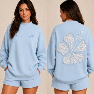 OEM Women's High Quality Lace Hibiscus Flower Patch Embroidery Print Mock Neck Sweatshirt And Shorts Set Women Casual Loungewear