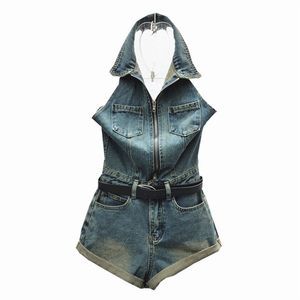Hot Spring New Women's Denim Jumpsuit Zipper Backless Belt Wide Leg Hollow Out Cuffs Mid Waist Playsuit Sweet Style Summer