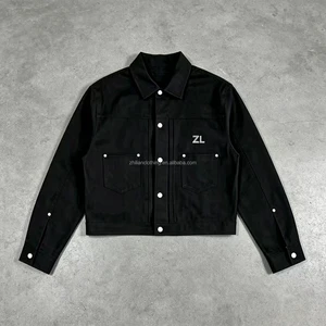 Men's Oversized Streetwear Cropped Denim Jacket Black Cotton Twill Button-Up Stand Embroidered Logo Casual Workwear Eco-Friendly