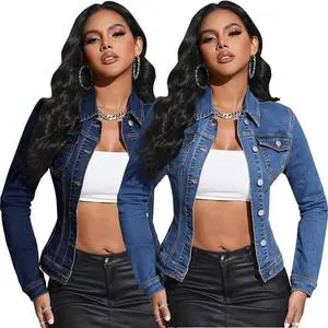 Custom Ladies Denim Jacket Women Classic Casual Stretch Long Sleeve Turn-Down Collar Autumn Jean Jacket With Pocket