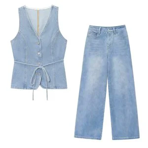 Set Women's 2025 two-piece new casual fashion V-neck denim sleeveless waist denim vest+retro women's wide-leg jeans suit