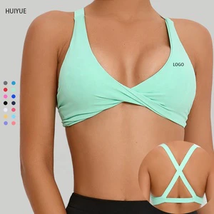 Custom Nylon Spandex High Stretchy Seamless V Neck Front Twist Fitness Yoga Bra Top Moisture-Wicking Cross Back Gym Sports Bra