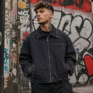 Custom Men's Denim Jackets for Men Black Street Wear Denim Jacket Zip up