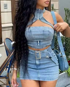 New High Quality Women's Denim Suit Sexy Crop Top Mini A-Line Skirt Acid Wash Faded Denim Women Set Two-Piece Set