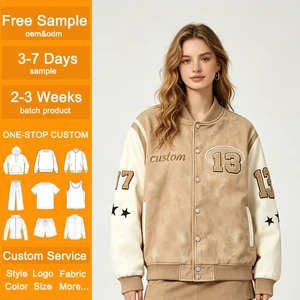 Wholesale Women's Beige Washed Varsity Jacket Custom Chenille Patches Leather Sleeve Vintage Baseball Jacket
