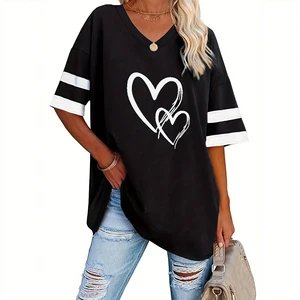 Plus Size Women's T-shirt V-neck Patchwork Top Loose Casual Street Heart Pattern Positioning Printing Knitted Plus Size T-shirt