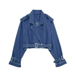 Fall Season New Style Stand Collar Women Denim Jackets Cropped Black Blue Motorcycle Jacket