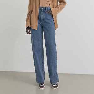Comfortable Premium Bleach Wash Classic Straight High Waist Women Jeans With Split On Hem