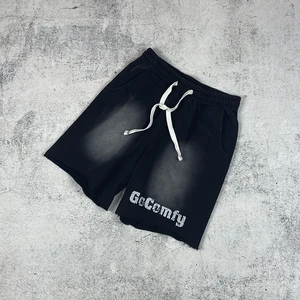 Men Designer Blank Streetwear Vintage Distress Shorts Black Jean French Terry Washed Cotton Shorts