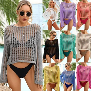 Handmade Knitted Cover-up Hollow Knitwear Long Sleeve Beachwear Swimwear Sun Protection Shirt for Women