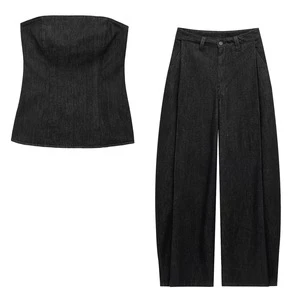Women's Denim Two Piece Sets Custom Slim Denim Set Wrapped Top Vest Casual Denim Pleated Pants Women's Cowboy Suit