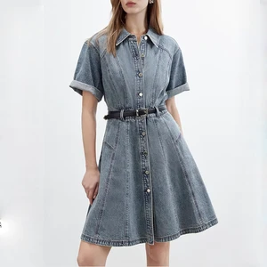 Women's Simple Casual Summer Short Sleeve Stand Collar Light Blue Denim Button-Up Shirt Dress With Front Logo