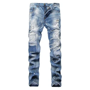 Men fashion holes ripped bigger pants casual patch painted patchwork slim straight denim jeans long trousers