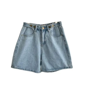 Women's High Waist Sky Blue Denim Shorts with Wide Leg & Loose Buttons Breathable Streetwear Jean Shorts