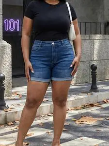 Women's Summer Casual High Waist Denim Shorts Dark Blue High-Stretch Cuffed Hem Jean Shorts With Pockets for Beach&Vacation