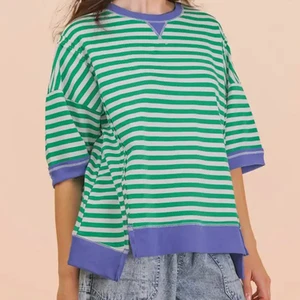 Summer High Quality Casual Contrast Neckline Crew Neck Short Top Skin-friendly Cotton Tee Stripe Oversized Mid-Sleeve T-Shirt