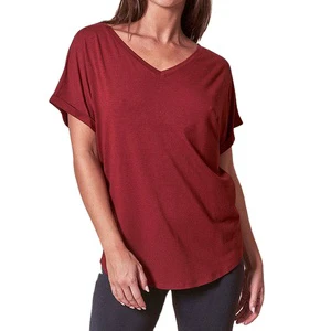 Women's Regular Fit Symmetry V Neck Bamboo T-Shirt Batwing Sleeve Short Diamonds Beading Button Hole Appliques Eco-Friendly Made