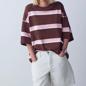 Crew Neck Drop Shoulder Half Sleeve Casual Vintage Daily Top Retro Style Striped Cotton Summer Women Wide Oversized T-Shirt