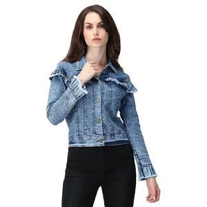 Women's Stylish Blue Quilted Denim Jacket Oversized Cropped Fashionable Ripped Jean Coat Buttons Casual Lightweight OEM Design