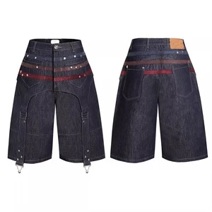 Vintage Summer Men's Denim Shorts Polyester/Cotton Acid Wash Print Straight Mid Waist Button Detail Loose Fit Washable Quick Dry