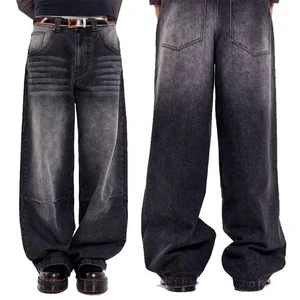 Men's Streetwear Baggy Denim Jean Trousers Custom Loose & Oversize Vintage Skate Fit Pant with Mid Waist Faded Black-Plus Size