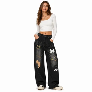 90s Retro Y2K Breathable Straight Denim Jeans With Cute Puppy Kitty Chenille Appliques