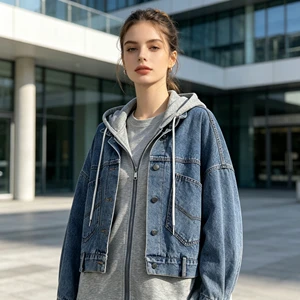 Women's Two-Piece-Style Denim Jacket Hooded Sweatshirt Patchwork Oversized Denim Jacket Customizable