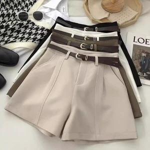 Women's Mid Waist Wide Leg French Terry Elastic Waist Suit Shorts Belt Office Casual Tailored Versatile