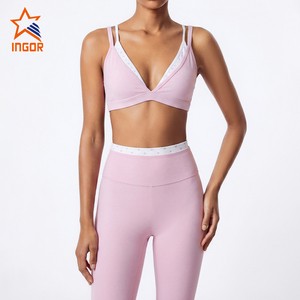 Wholesale Custom Logo Womens 2 Piece Yoga Set Sports Bra High Waist Leggings Nylon Spandex Squat Proof Gym Activewear