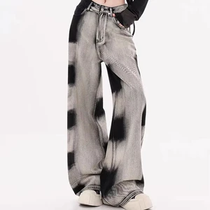 Women's Eco-Friendly Breathable Simple Knitted High Waist Summer Vintage Distressed Wide Legged Denim Jeans 2025 New American
