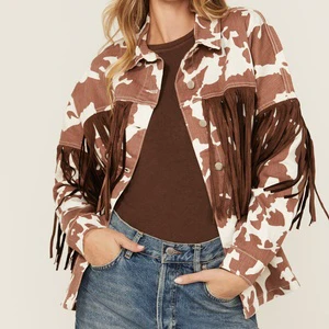 LARSUR Custom Factory Denim Jacket with Suede Fringe Tassel Cow Printed Distress Wash Button up Long Sleeves Jean Jacket Women