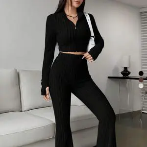 Casual 2-Piece Women's Solid Breathable Seamless Knitted Long Sleeve Yoga Top Wide-leg Pants Fitness Workout Stretch Slim Sports