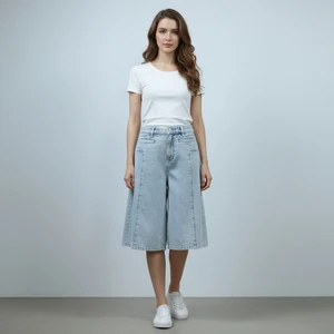 Summer Women's Casual Vintage Denim Wide Leg Shorts Pants Light Blue High-Rise Loose Fit Mid Calf Length