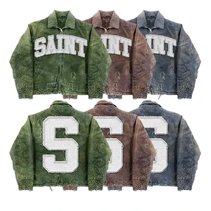 Customized Factory Street Jacket with Acid Pickling, Oversized Embroidery, Rhinestones for Aging, Torn Open Men's Denim Jacket