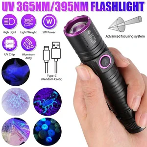 Aluminum Alloy 5W Type C USB Rechargeable Black Light Money Detector Pure Ultraviolet 365nm Mini Black Light UV Flashlight