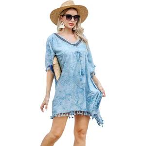 New Design Cotton Printed Bikini Cover up With V-Neck Tassel Adjustable Women's Dress Loose Fitting Beach Cover up