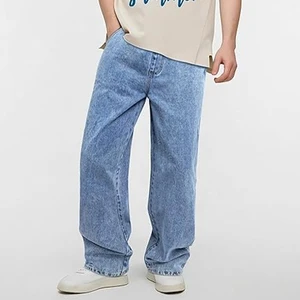 Men's Stonewashed Wide Leg Loose Fit Denim Jeans Plus Size Mid Waist Casual Streetwear Pants 100% Cotton