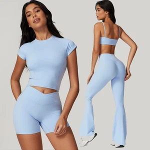 New Design Women's High Waist Flare Yoga Set Sports Bra Gym Sports Recycled Fabric Yoga Shorts Set for Women