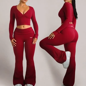 Custom Activewear Yoga Set For Women Long Sleeve V Neck Crop Top Foldover Waist Flare Leggings Two Piece Gym Workout Clothes Set