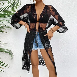 Women's Cover Ups Beachwear Sexy Bikini Cover up Solid Color Beach Lace Cover up