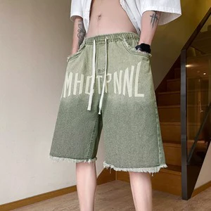 YL 100% Cotton Men's Denim Shorts Retro American Hip-Hop European American Street Raw Edge Pants Trendy Summer OEM Service