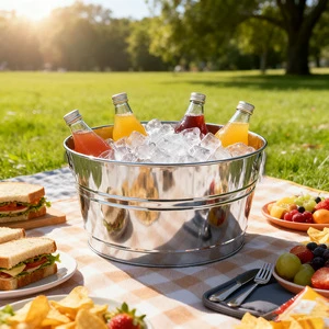 3.8 Gallon Stainless Steel Round Beverage Tub Metal Ice Bucket Beer Wine Cooler For Bar Restaurant