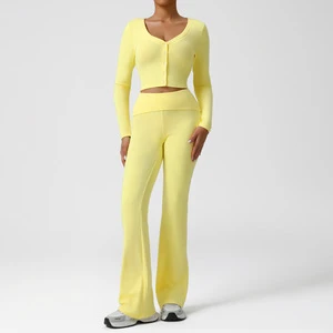 SM2556 Women Two Pieces V-Neck Ribbed Yoga Long Sleeve Top With Buttons High Waisted Yoga Flare Pants Running Sport Yoga Sets