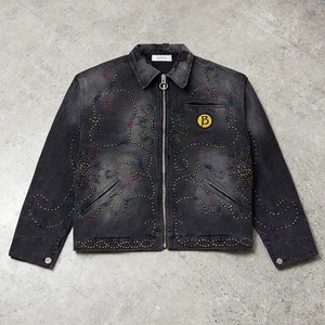 Custom Factory Men's Heavy Duck Canvas Denim Carpenter Work Jacket with Rhinestone Zipper Front Logo High Street Style