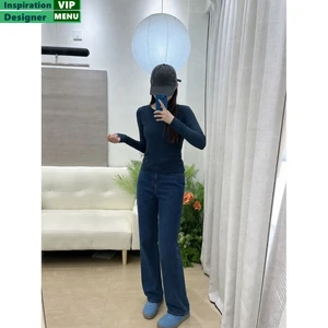 Casual Dark Blue Fitted Long Sleeve Knit Top Straight Leg Denim Pants Two Piece Women's Jean Outfit Set for Daily Wear