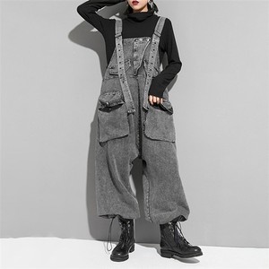 Autumn New Women's High-Waisted Washed Denim Suspender Pants Stylish Drop-Crotch Loose Cargo Jumpsuit