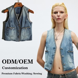 Short V-neck Women's Summer Casual Short Denim Vest Button Decoration High Quality 100% Cotton Light Wash Jean Waistcoat
