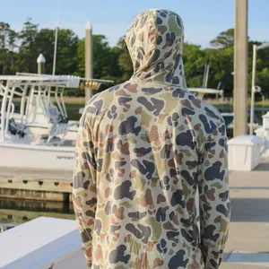 Wholesale Men's Sublimation Printing Old School Green Camo Sun Protection UV Duck Camo Hunting Hoodie Performance Fishing Shirt