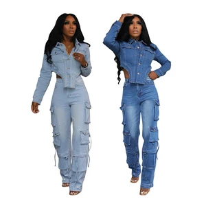 Autumn Ladies High Waist Plus Size Cargo Jeans Two Piece Sets Newly Arrived Women Multi-Pocket Casual Washed Denim Suit